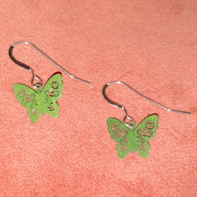 Solid 925 Real Sterling Silver Ear Wire Green Butterflies Butterfly Earrings New 58$